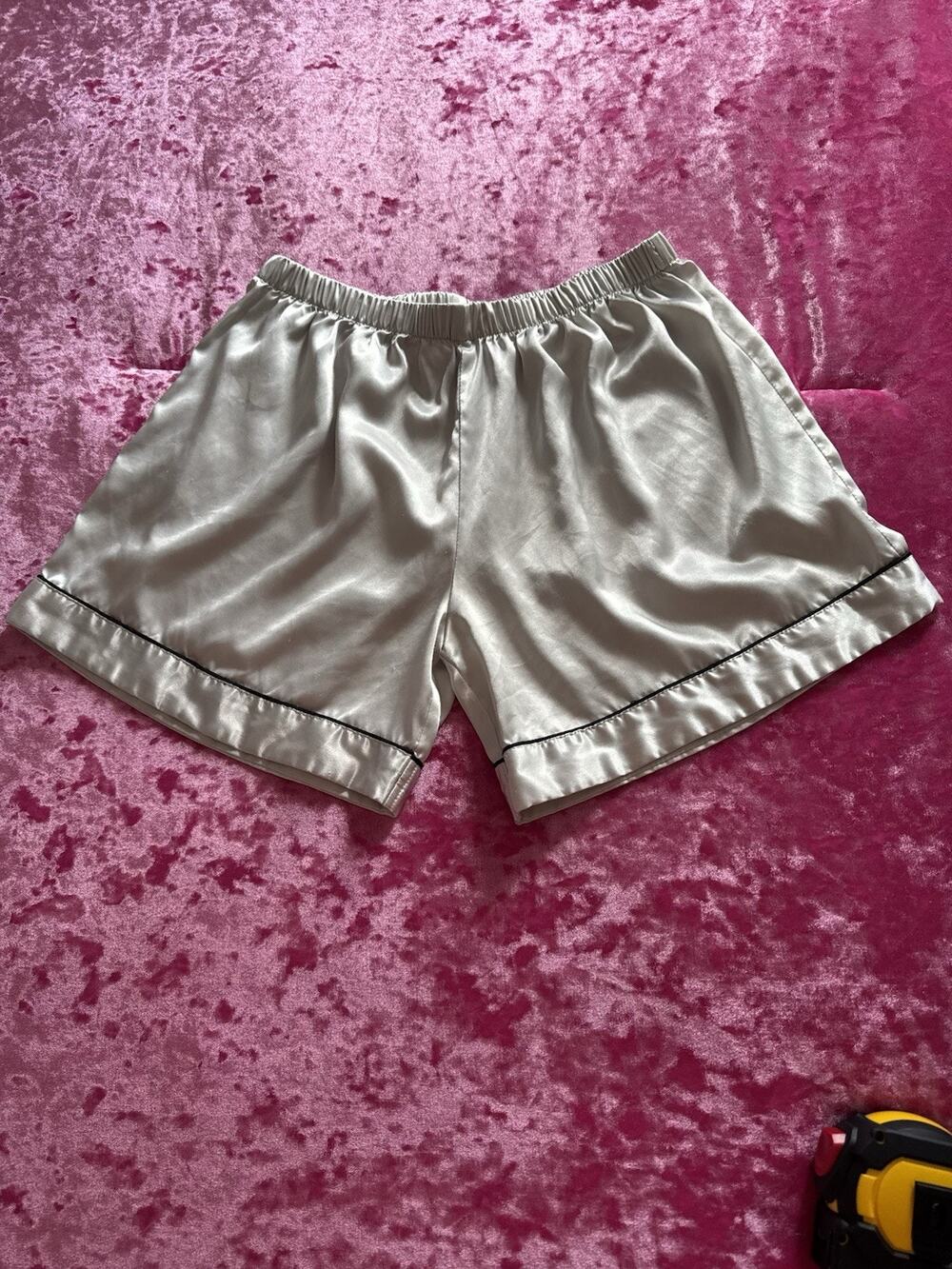 Satin Women s Pajama Shorts Silver Elastic Waistband Medium Black Piping Fancy